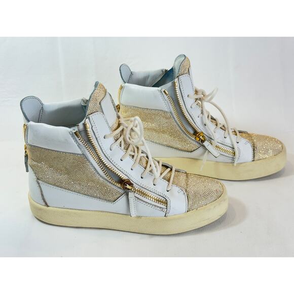 Giusseppi Zanotti Hightop Sneakers Womens 40 10 White Leather Gold Studded Boot - Picture 2 of 16